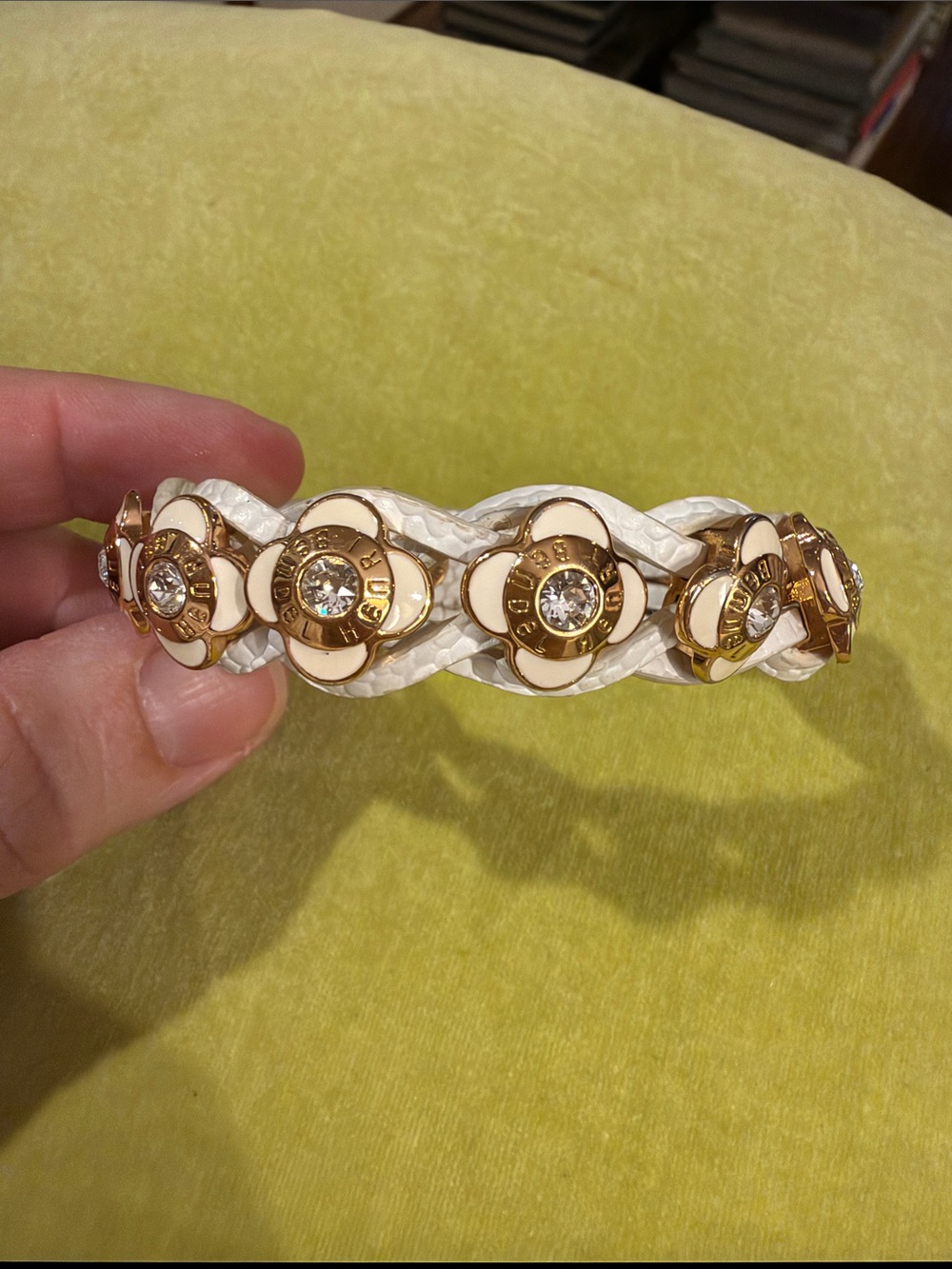 Henri Bendel Vintage White Braided Bracelet with Gold Floral Medallions
